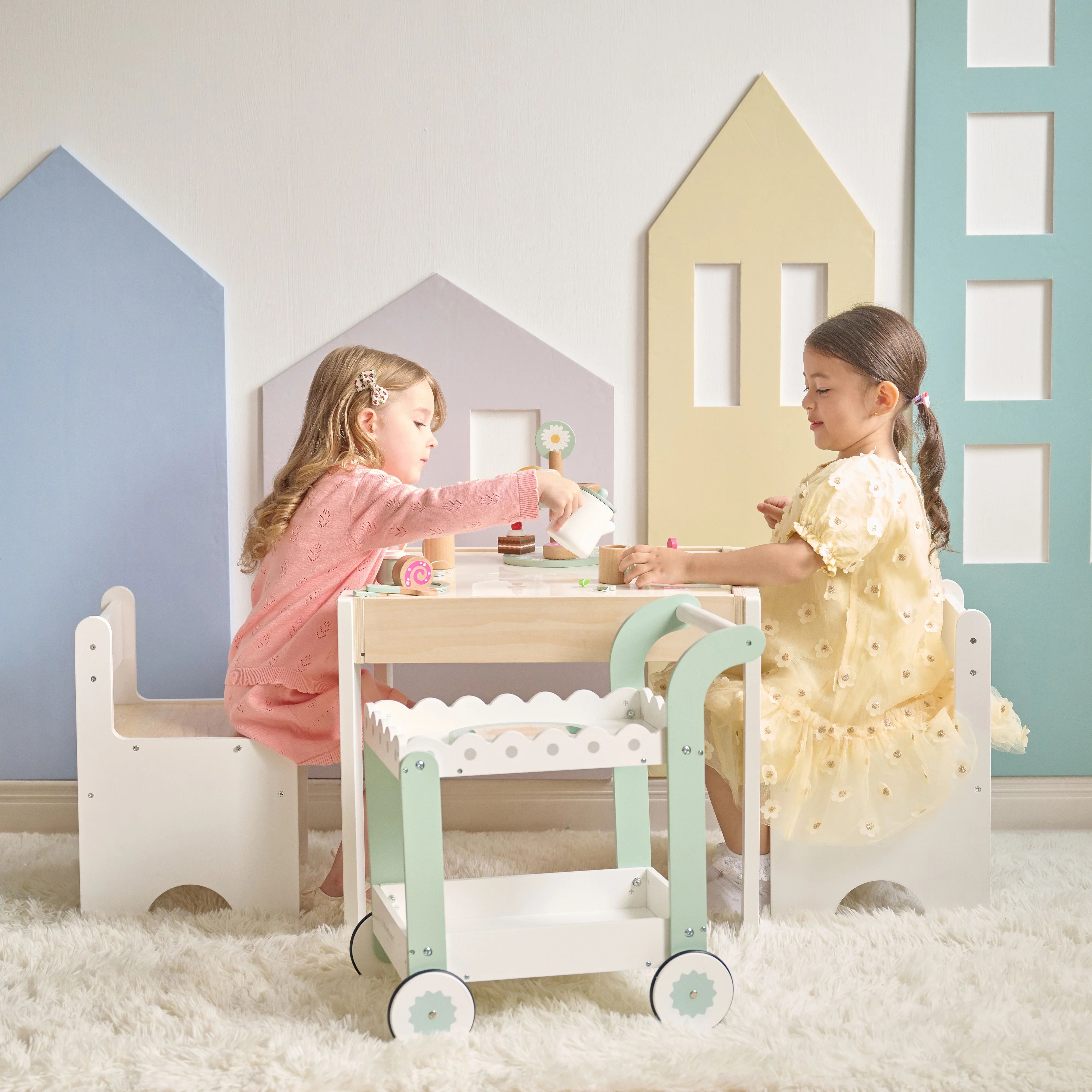 Afternoon Sip Wood Dessert Cart with 21 Pieces & Rotatable Wheels - Image 3