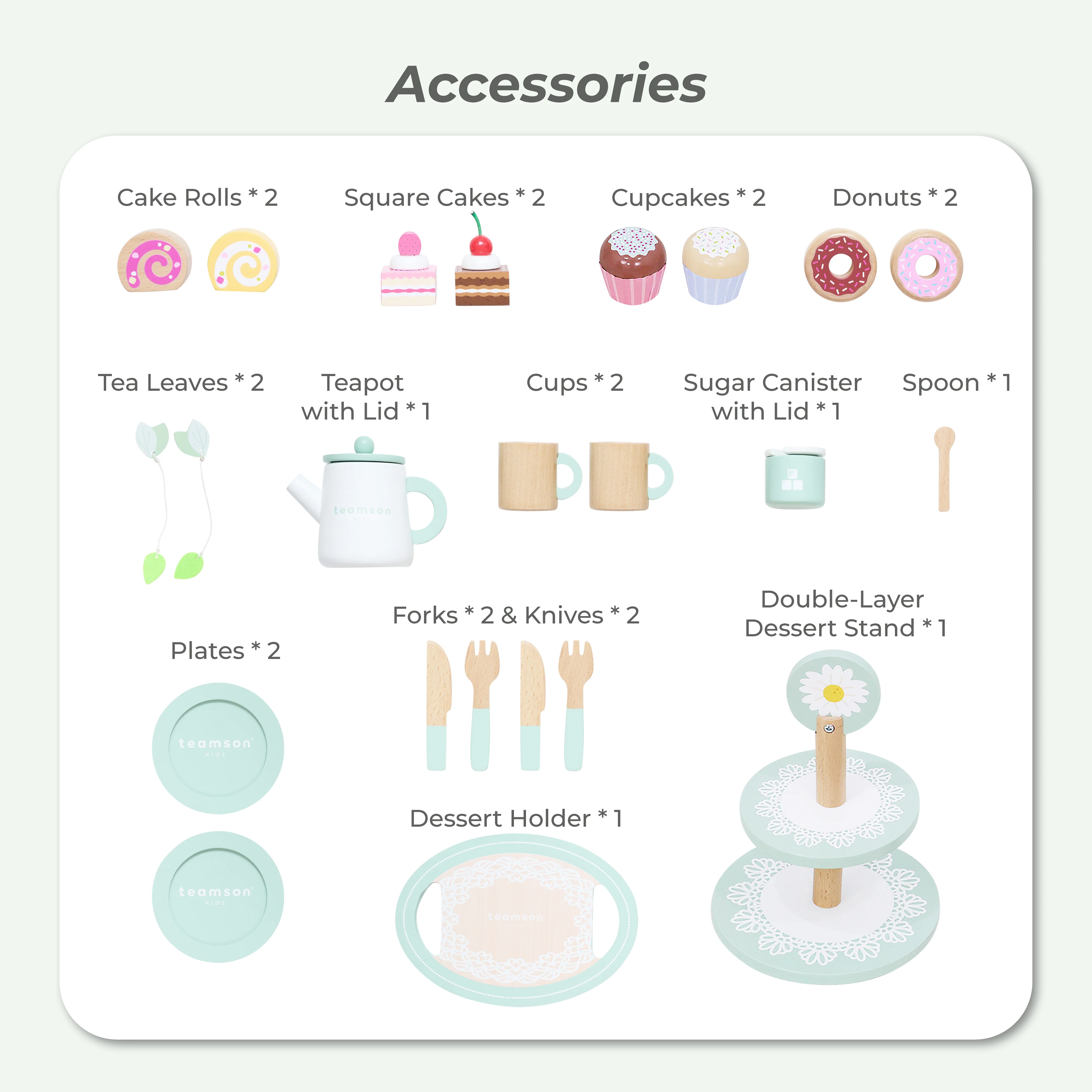 Afternoon Sip Wood Dessert Cart with 21 Pieces & Rotatable Wheels - Image 6