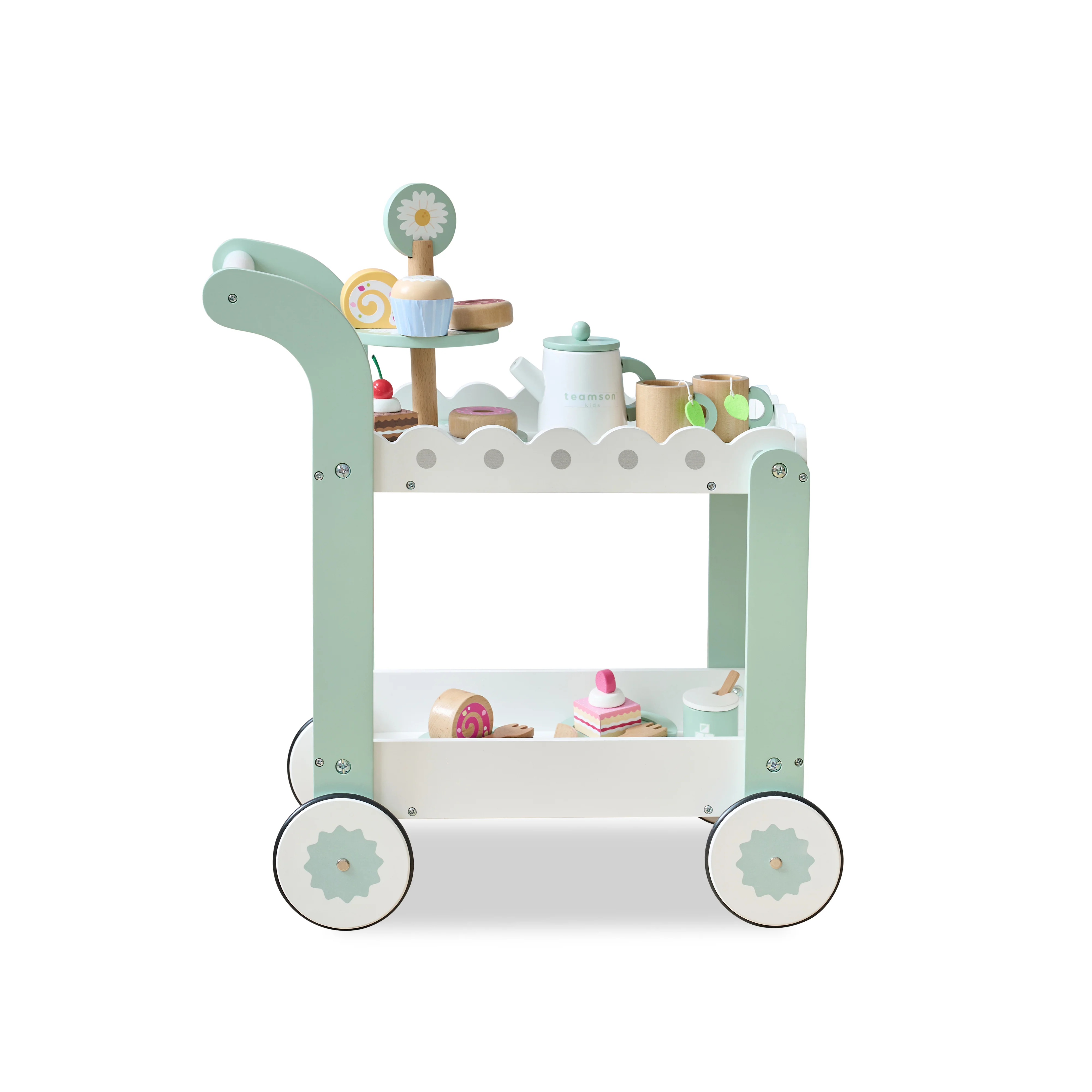 Afternoon Sip Wood Dessert Cart with 21 Pieces & Rotatable Wheels - Image 8