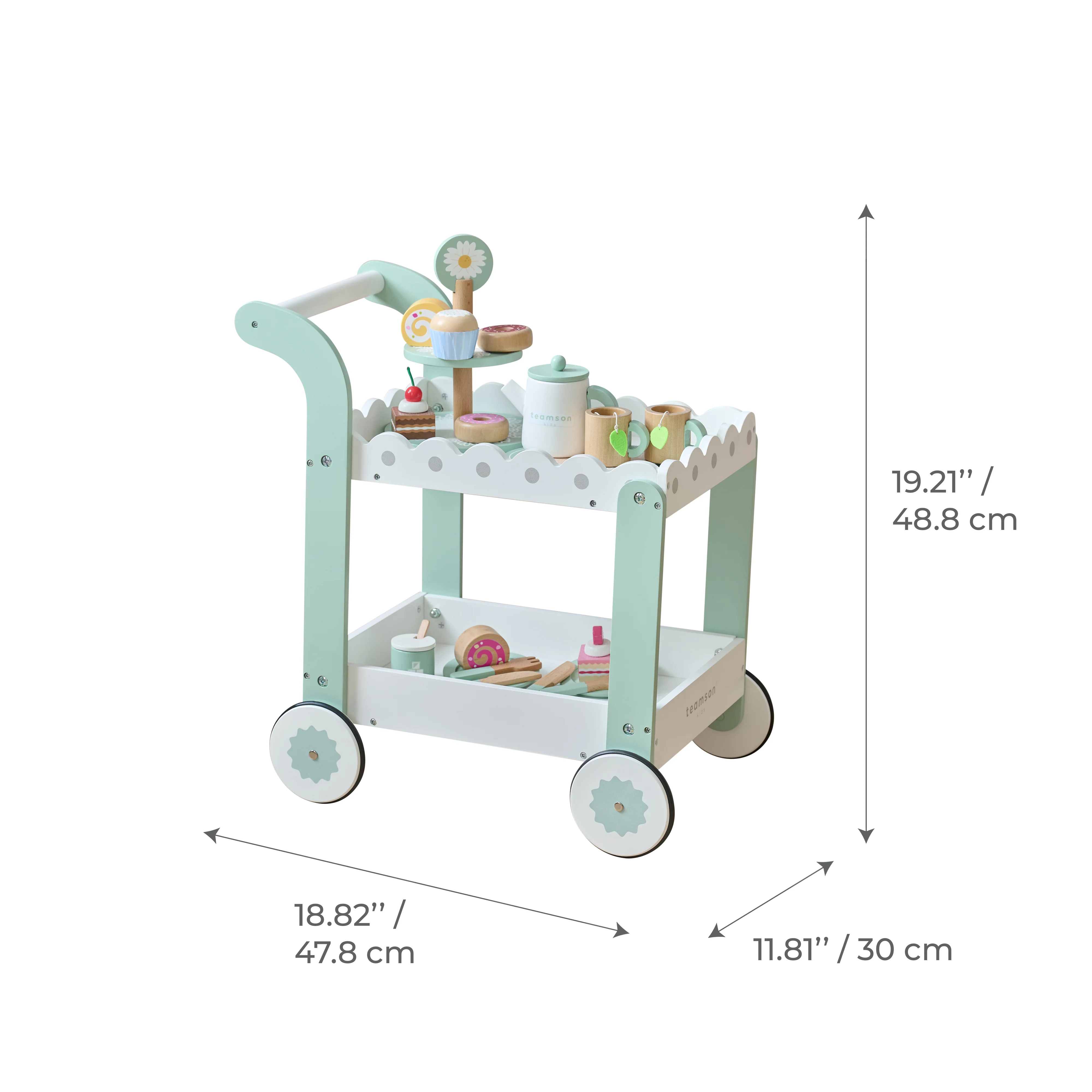 Afternoon Sip Wood Dessert Cart with 21 Pieces & Rotatable Wheels - Image 9