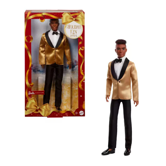 Barbie Signature 2025 Holiday Dark Brown Hair Ken Collectible Fashion Doll Wearing Full Suit With Golden Jacket