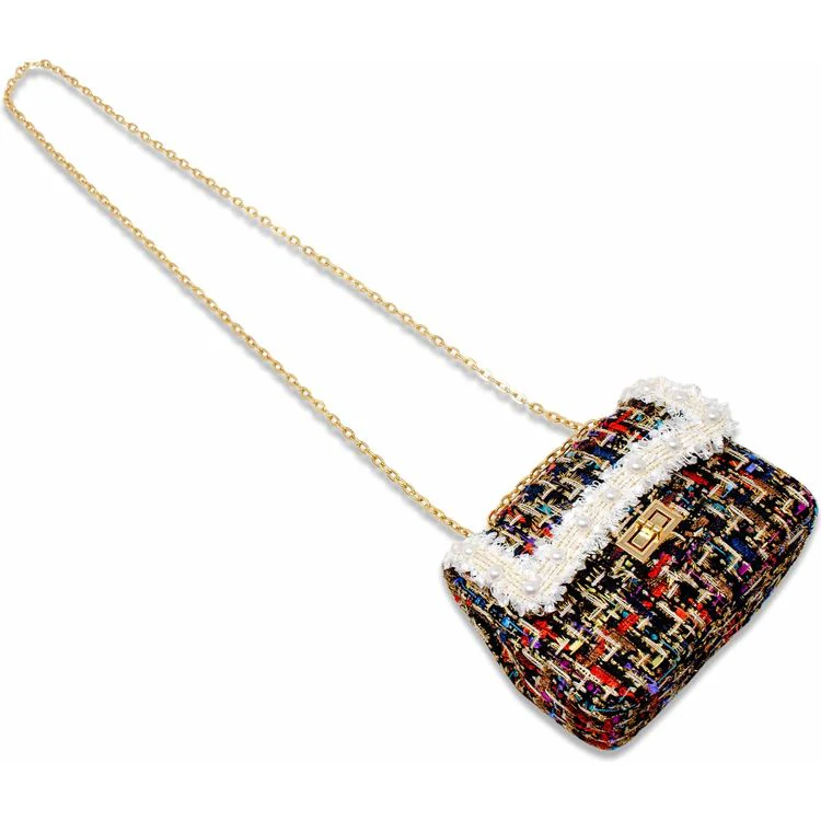 Classic Tweed Handbag with Pearls - Black - Image 4