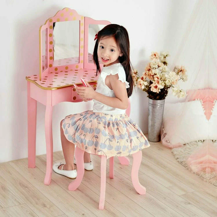 Gisele Polka Dot Vanity with Mirror & Stool - Pink - Image 2