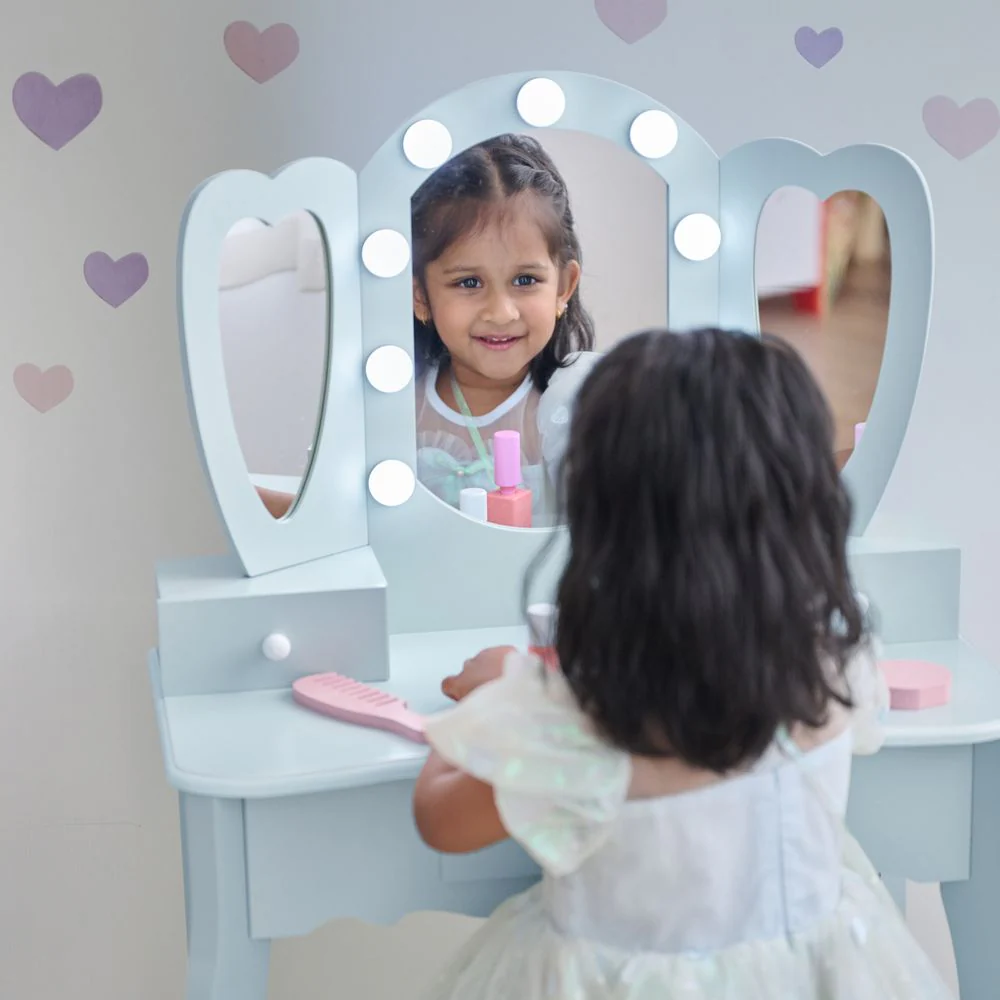 Heart Glow Wooden Vanity Set with LED Lights Mirror & Stool - Blue - Image 3