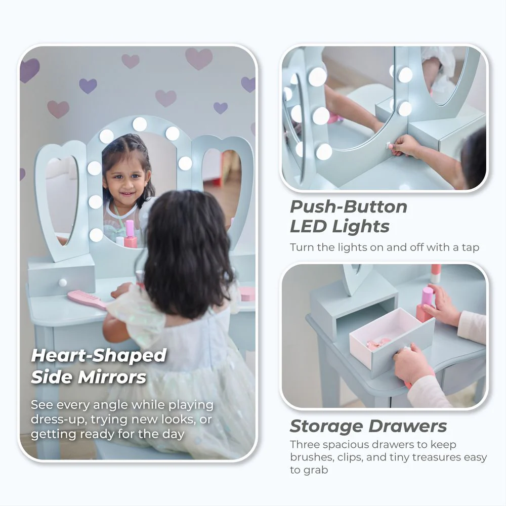 Heart Glow Wooden Vanity Set with LED Lights Mirror & Stool - Blue - Image 4