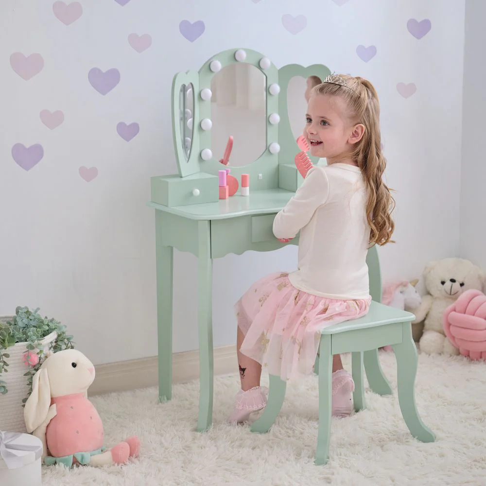 Heart Glow Wooden Vanity Set with LED Lights Mirror & Stool - Sage Green - Image 2
