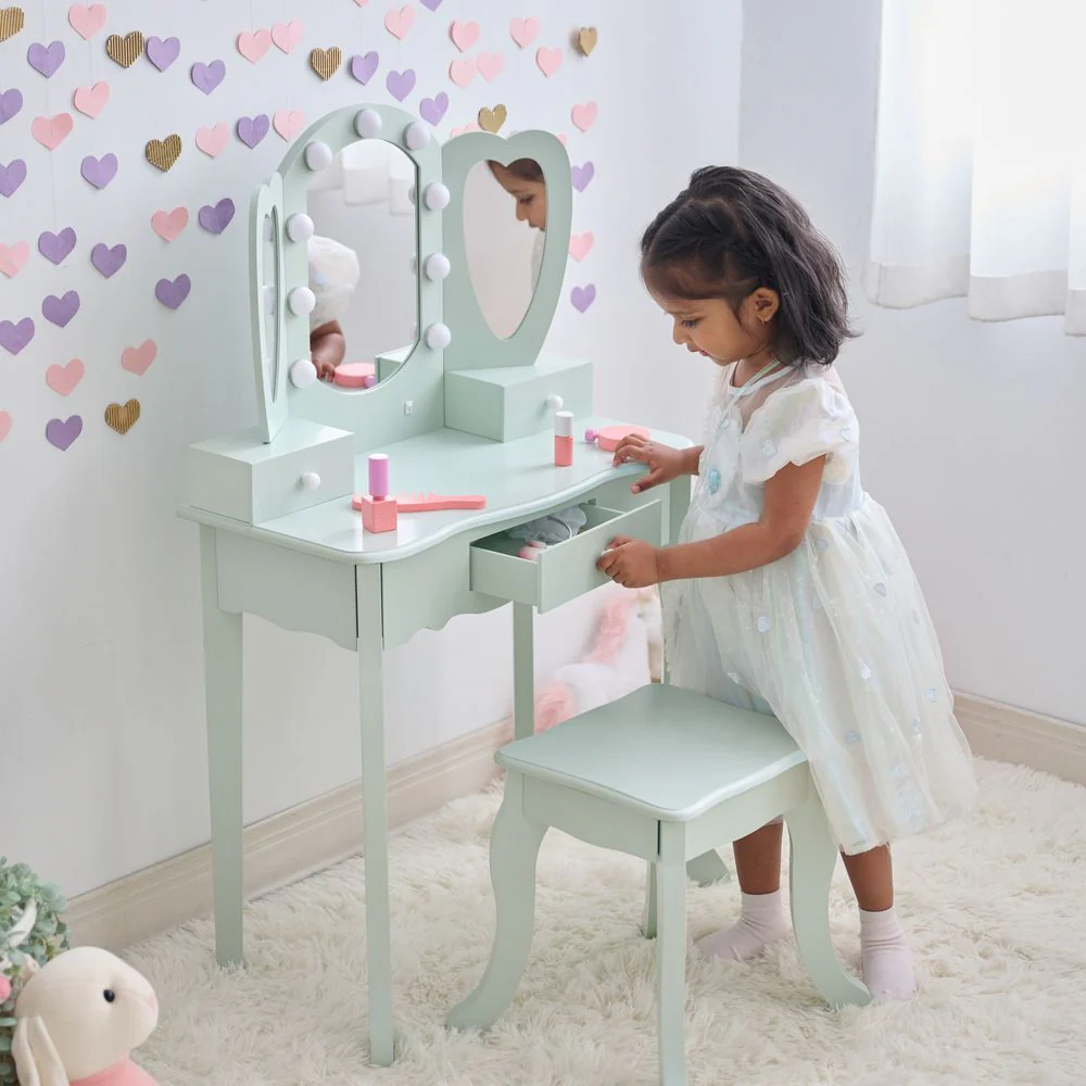 Heart Glow Wooden Vanity Set with LED Lights Mirror & Stool - Sage Green - Image 6