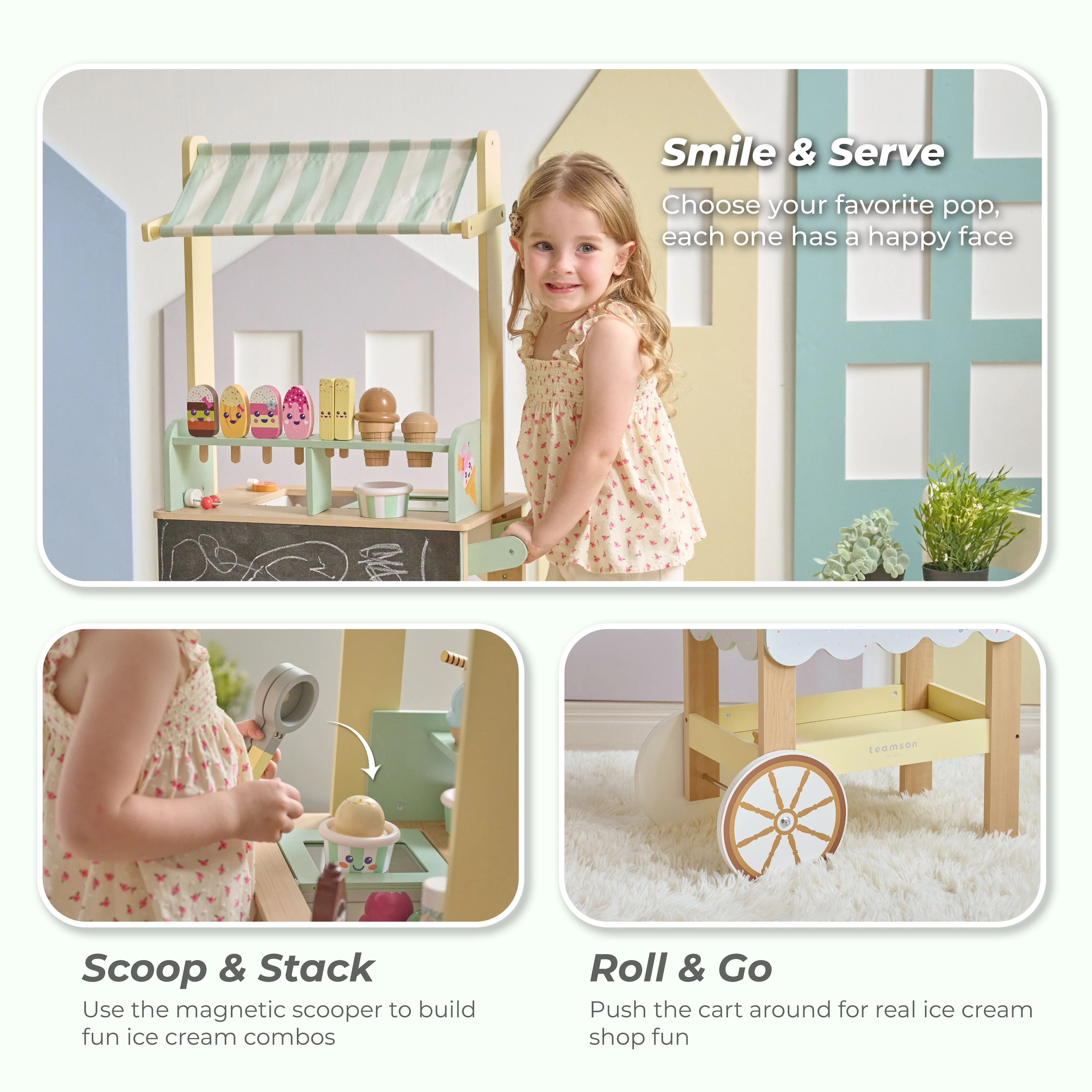 Jolly Pals Wood Ice Cream Stand with 33 Accessories and Chalkboard - Image 3