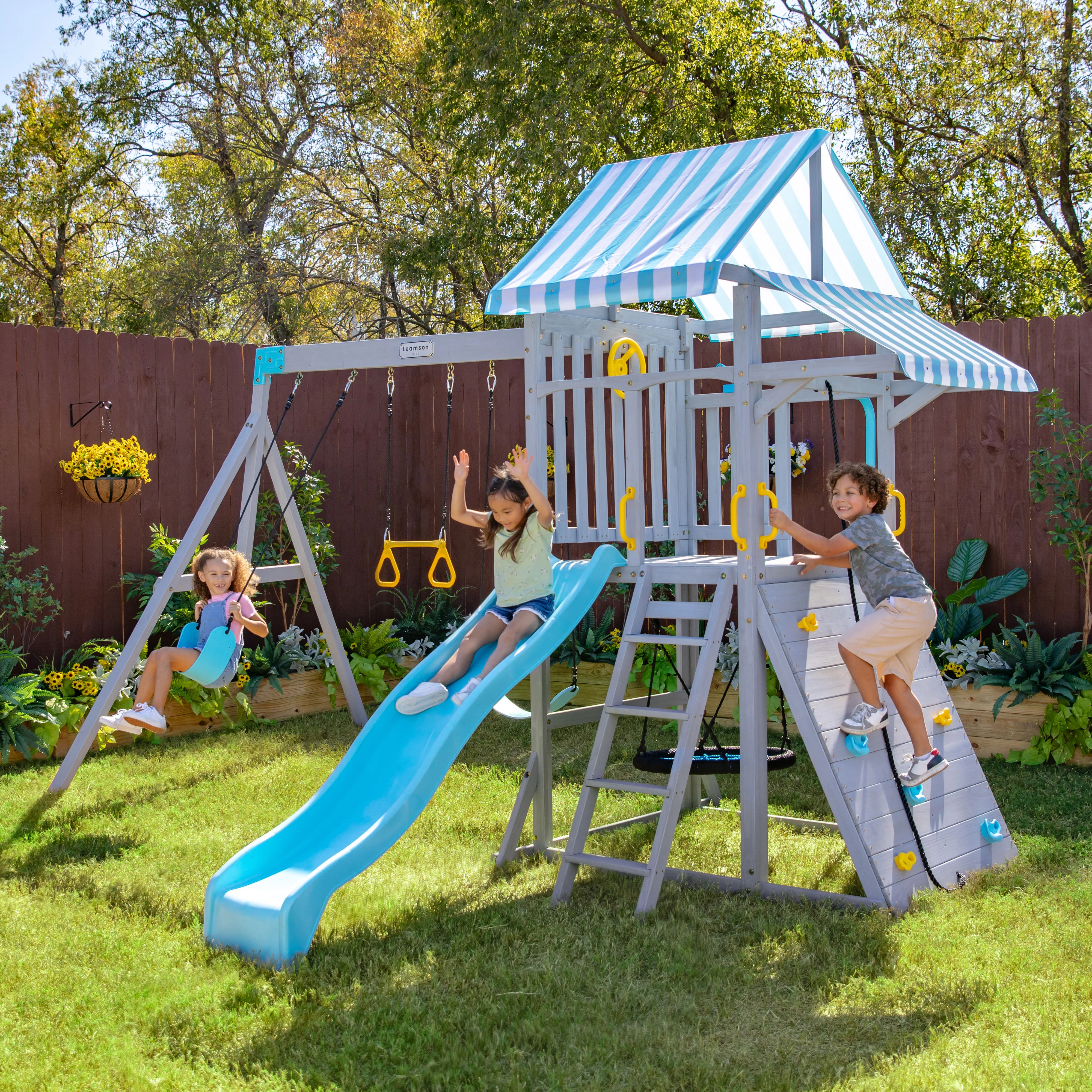 Laguna Wooden Swing Set with Slide & Rock Wall - Gray - Image 2