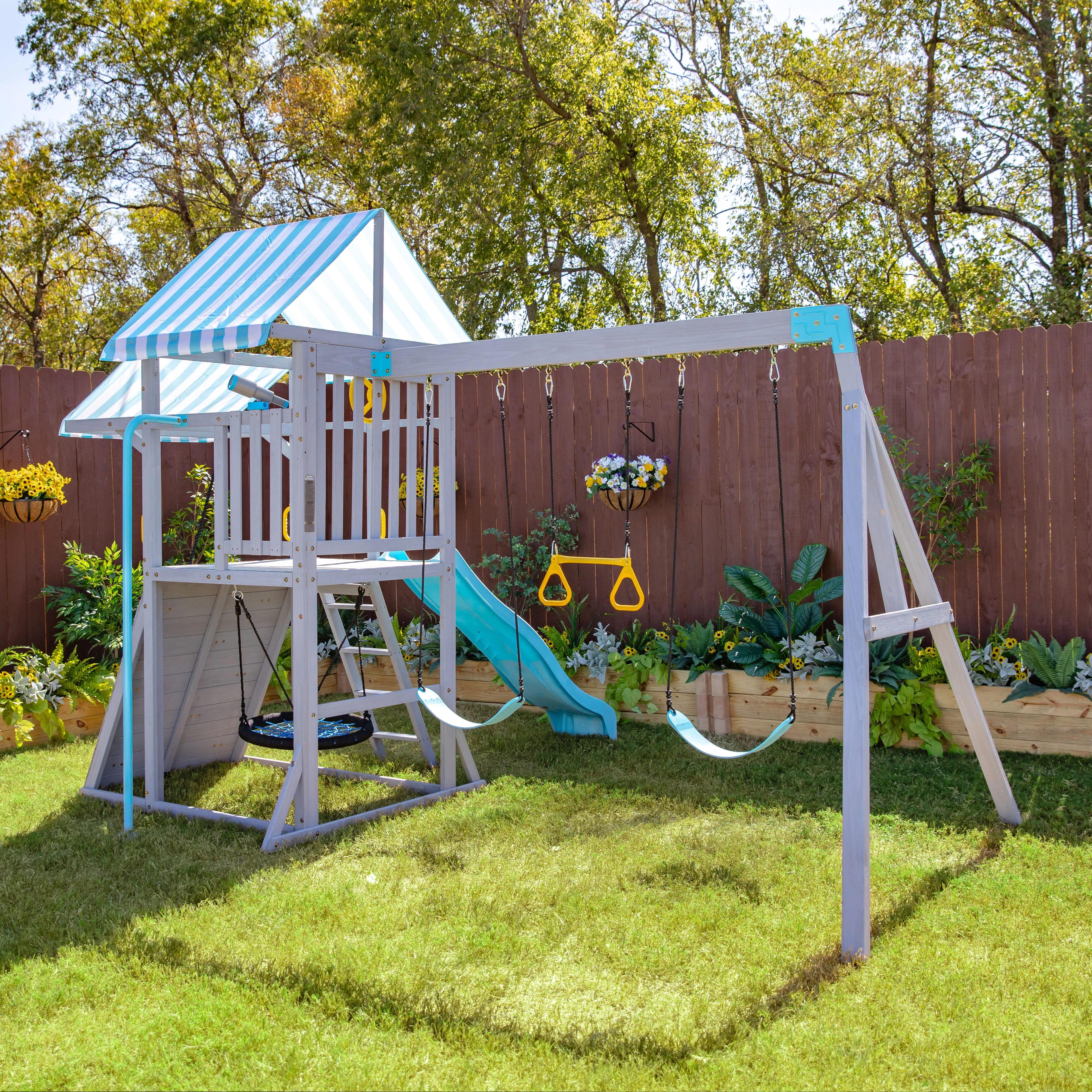Laguna Wooden Swing Set with Slide & Rock Wall - Gray - Image 9