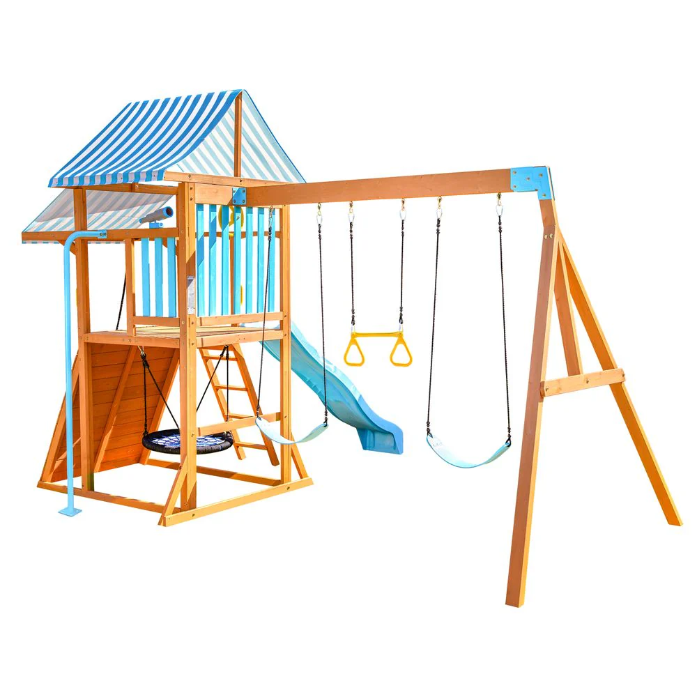 Laguna Wooden Swing Set with Slide & Rock Wall - Aqua & Natural