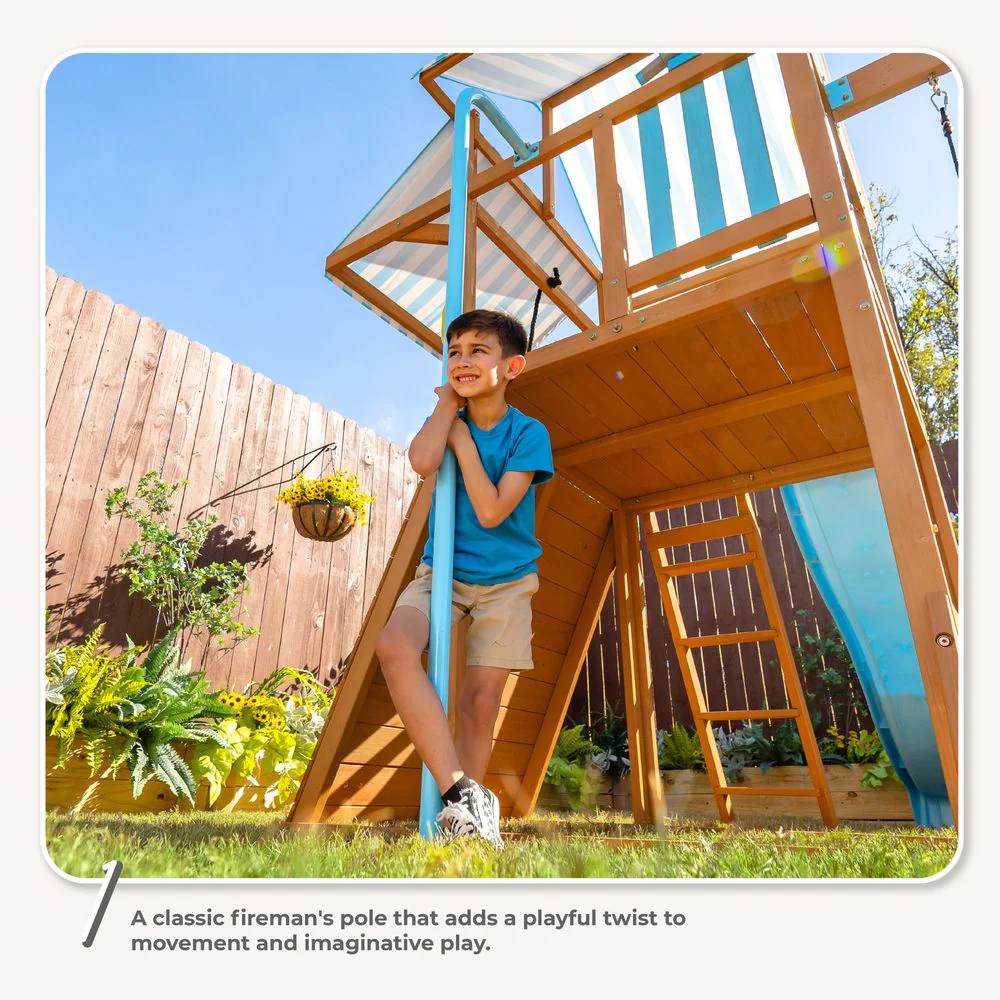 Laguna Wooden Swing Set with Slide & Rock Wall - Aqua & Natural - Image 3