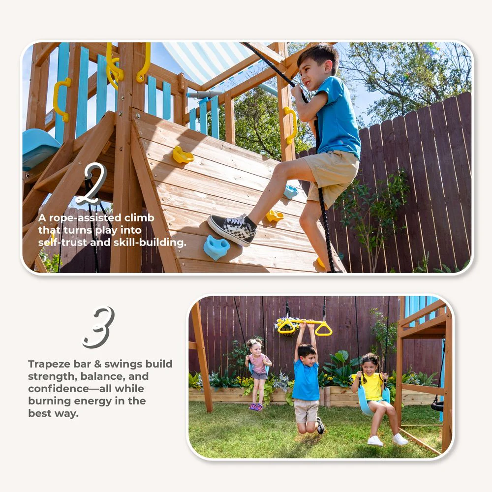 Laguna Wooden Swing Set with Slide & Rock Wall - Aqua & Natural - Image 4
