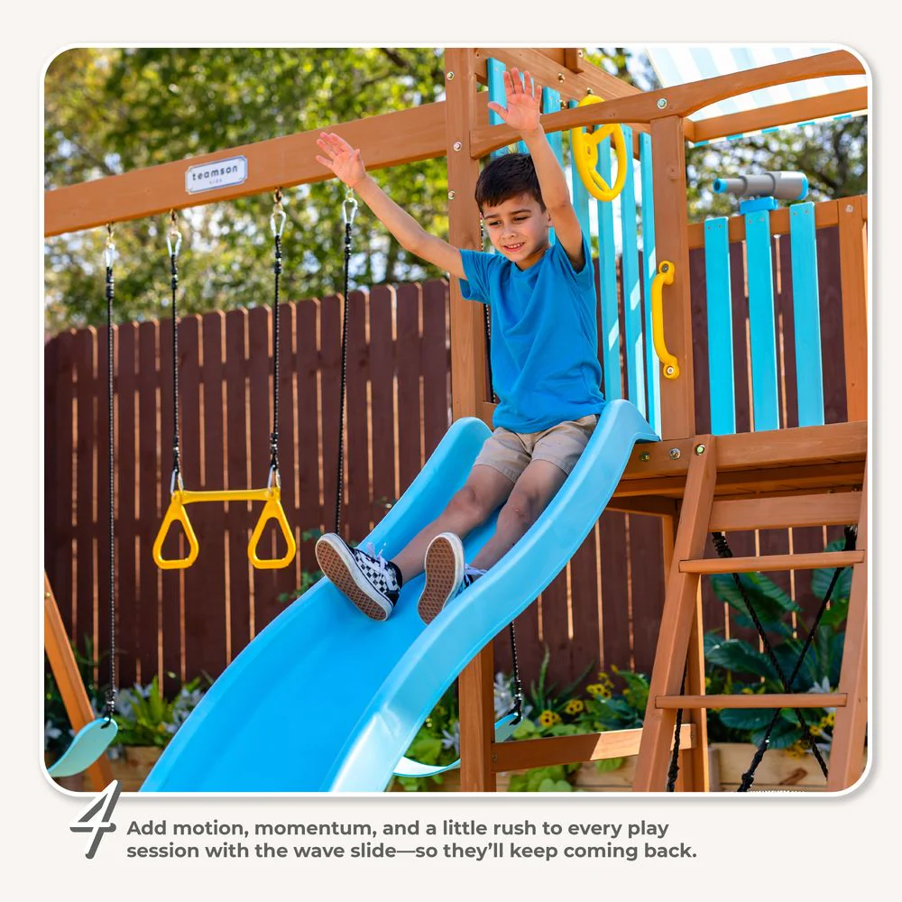 Laguna Wooden Swing Set with Slide & Rock Wall - Aqua & Natural - Image 5