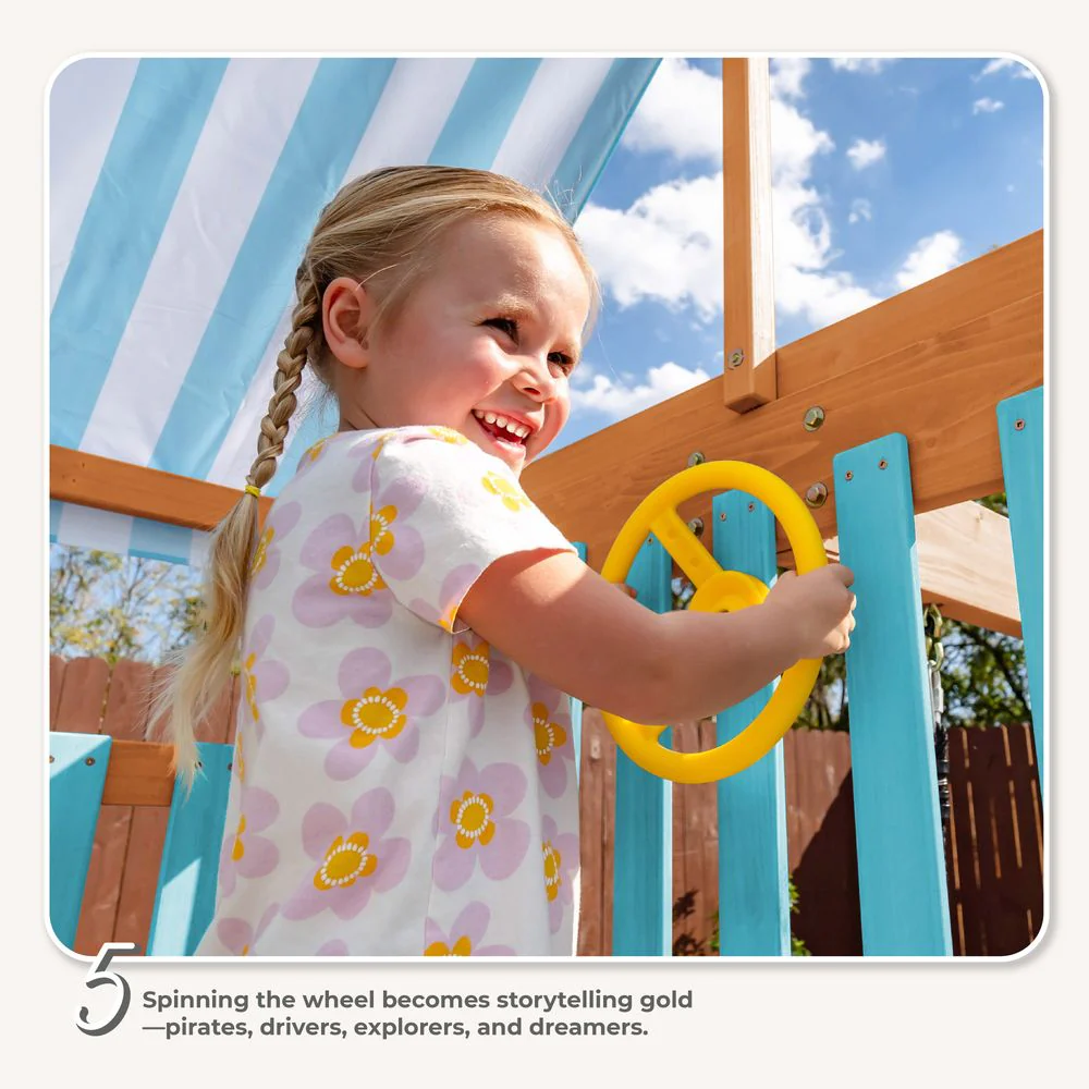 Laguna Wooden Swing Set with Slide & Rock Wall - Aqua & Natural - Image 6