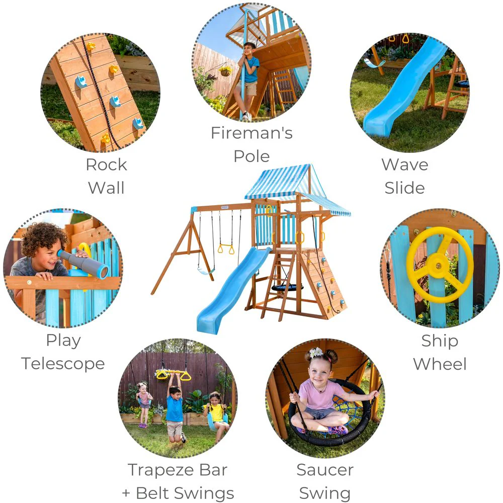 Laguna Wooden Swing Set with Slide & Rock Wall - Aqua & Natural - Image 8