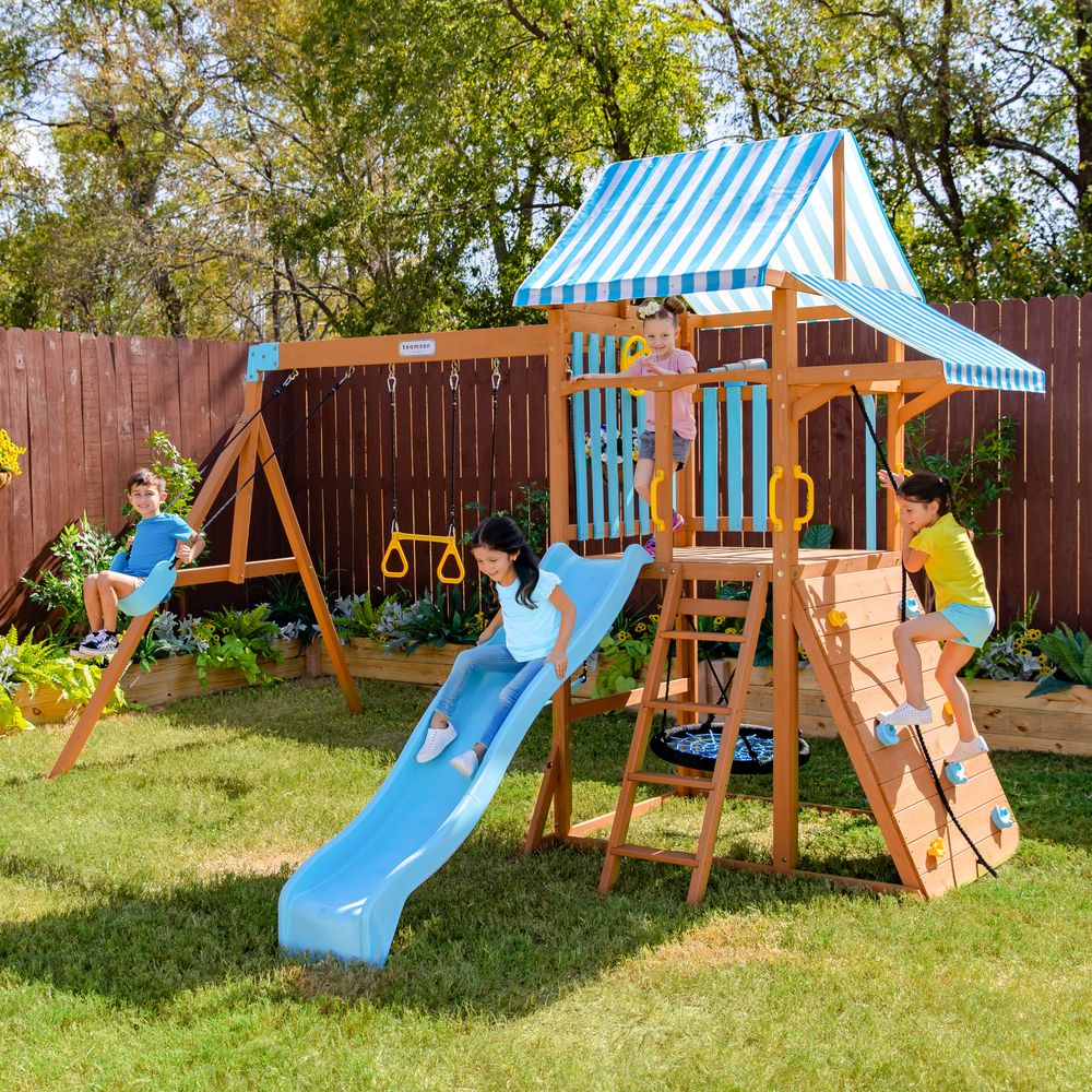 Laguna Wooden Swing Set with Slide & Rock Wall - Aqua & Natural - Image 9