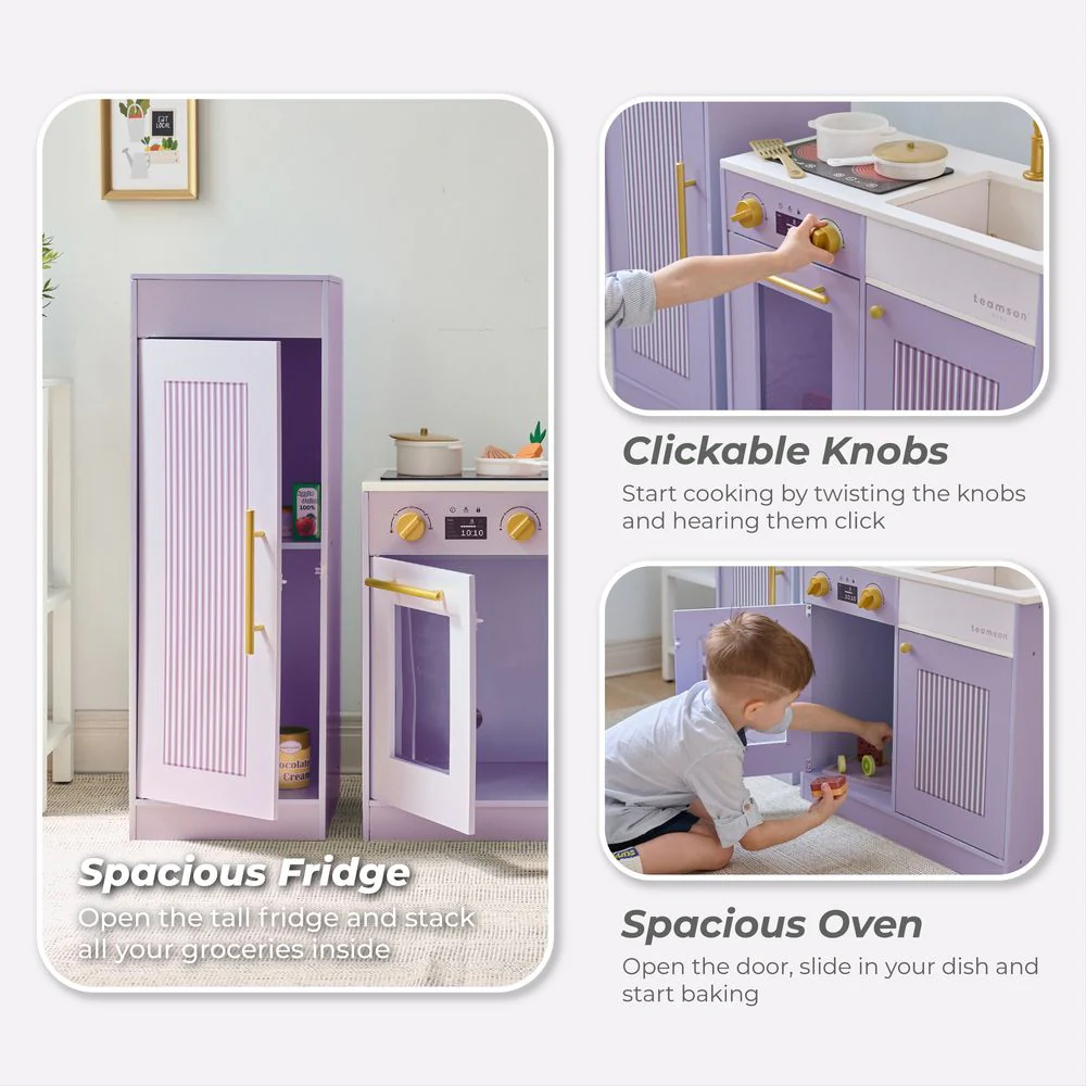 Little Chef Chester Wooden Play Kitchen with Large Fridge & Sink - Purple - Image 5