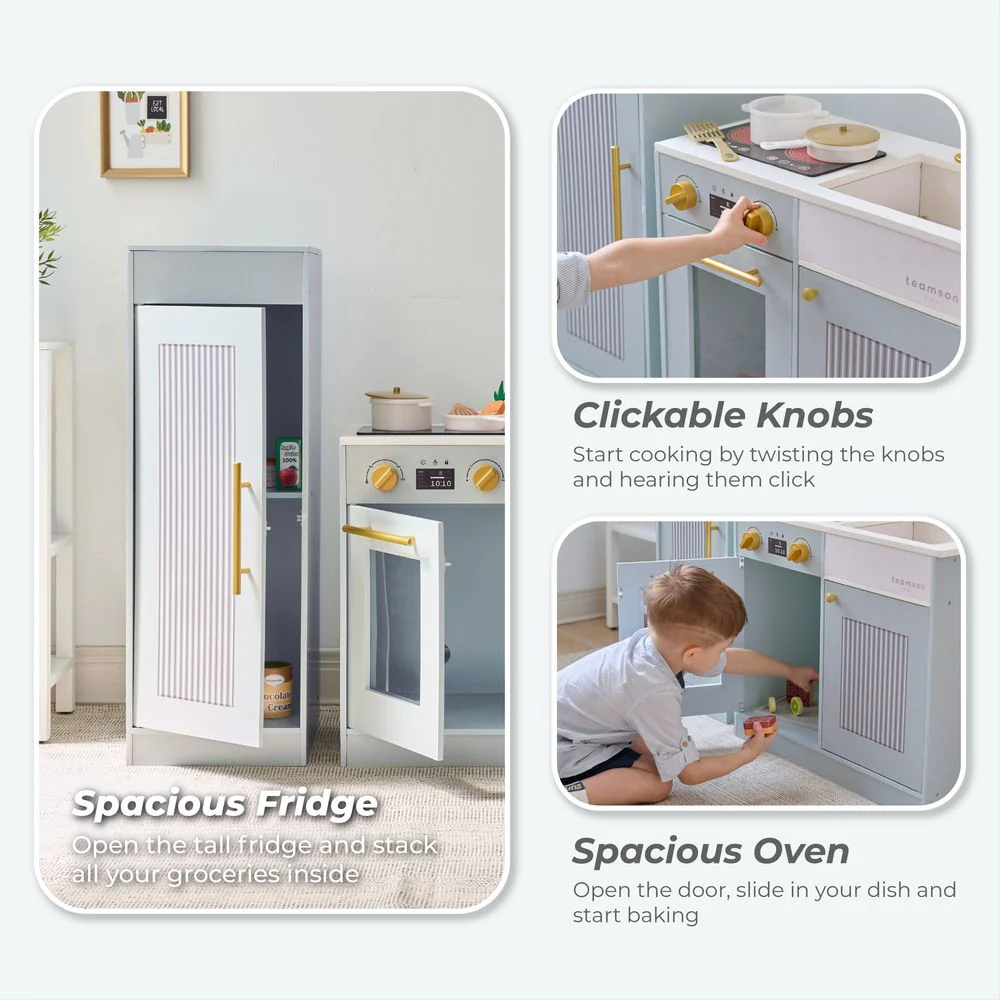 Little Chef Chester Wooden Play Kitchen with Large Fridge & Sink - Blue - Image 5