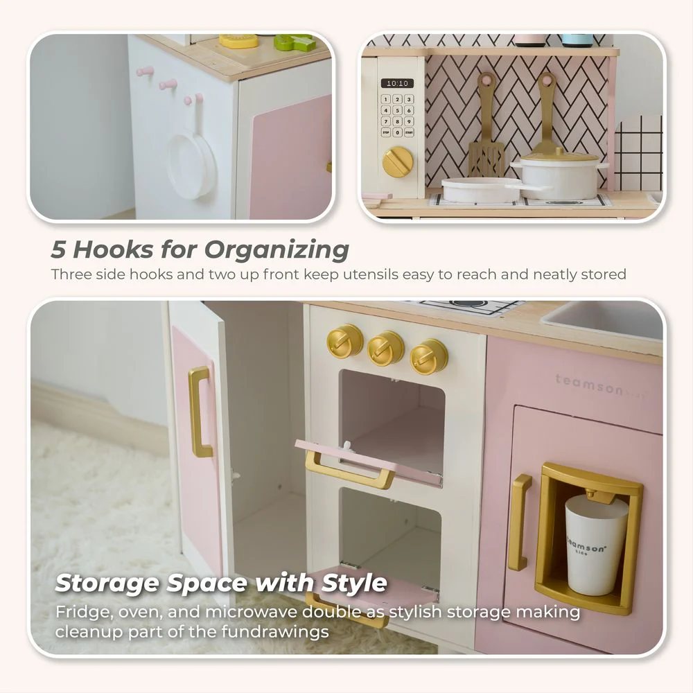 Little Chef Hampton Wooden Play Kitchen with Ice Dispenser & Sink - Pink - Image 3