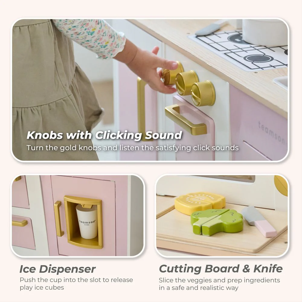Little Chef Hampton Wooden Play Kitchen with Ice Dispenser & Sink - Pink - Image 4