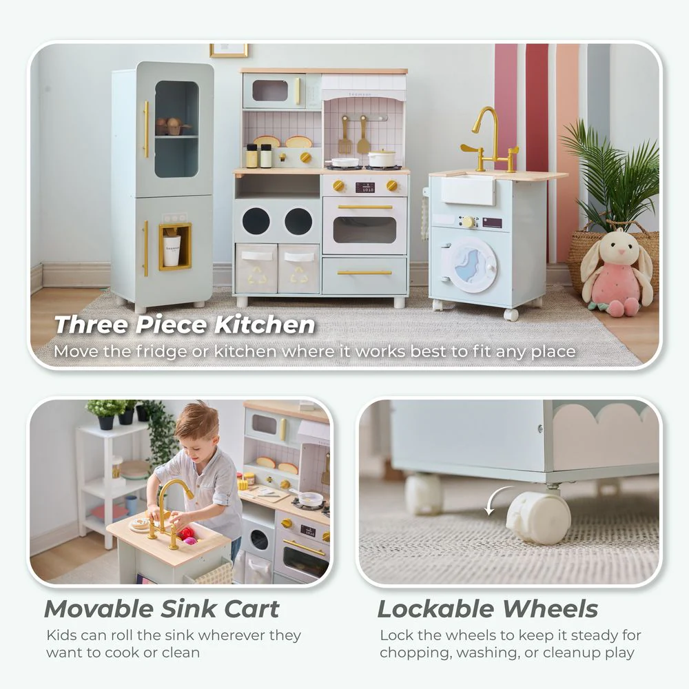 Little Chef Savannah Wooden Play Kitchen with 3 Modular Pieces - Light Blue - Image 3