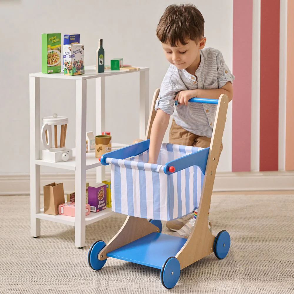 Little Helper Mr. Fresh Wooden Shopping Cart with 13 Grocery Accessories - Blue - Image 2