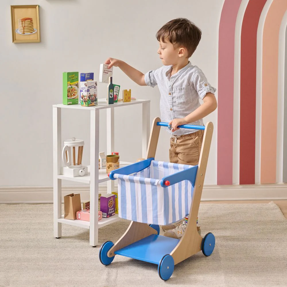 Little Helper Mr. Fresh Wooden Shopping Cart with 13 Grocery Accessories - Blue - Image 8