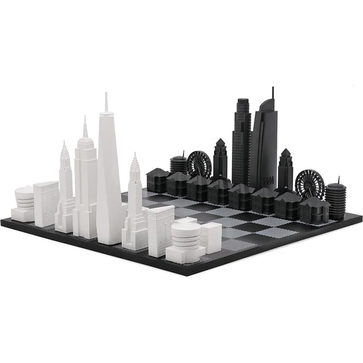 New York Versus Los Angeles Acrylic Chess Set with Black and White Wood Hatch Board