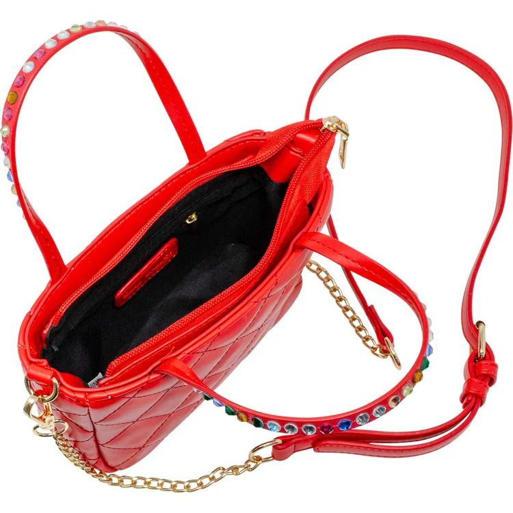 Quilted Rhinestone Tote Bag - Red - Image 5