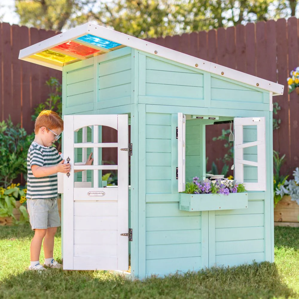 Rainbow Shade Wooden Playhouse with Kitchen, Flower Box & Bench - Blue - Image 2