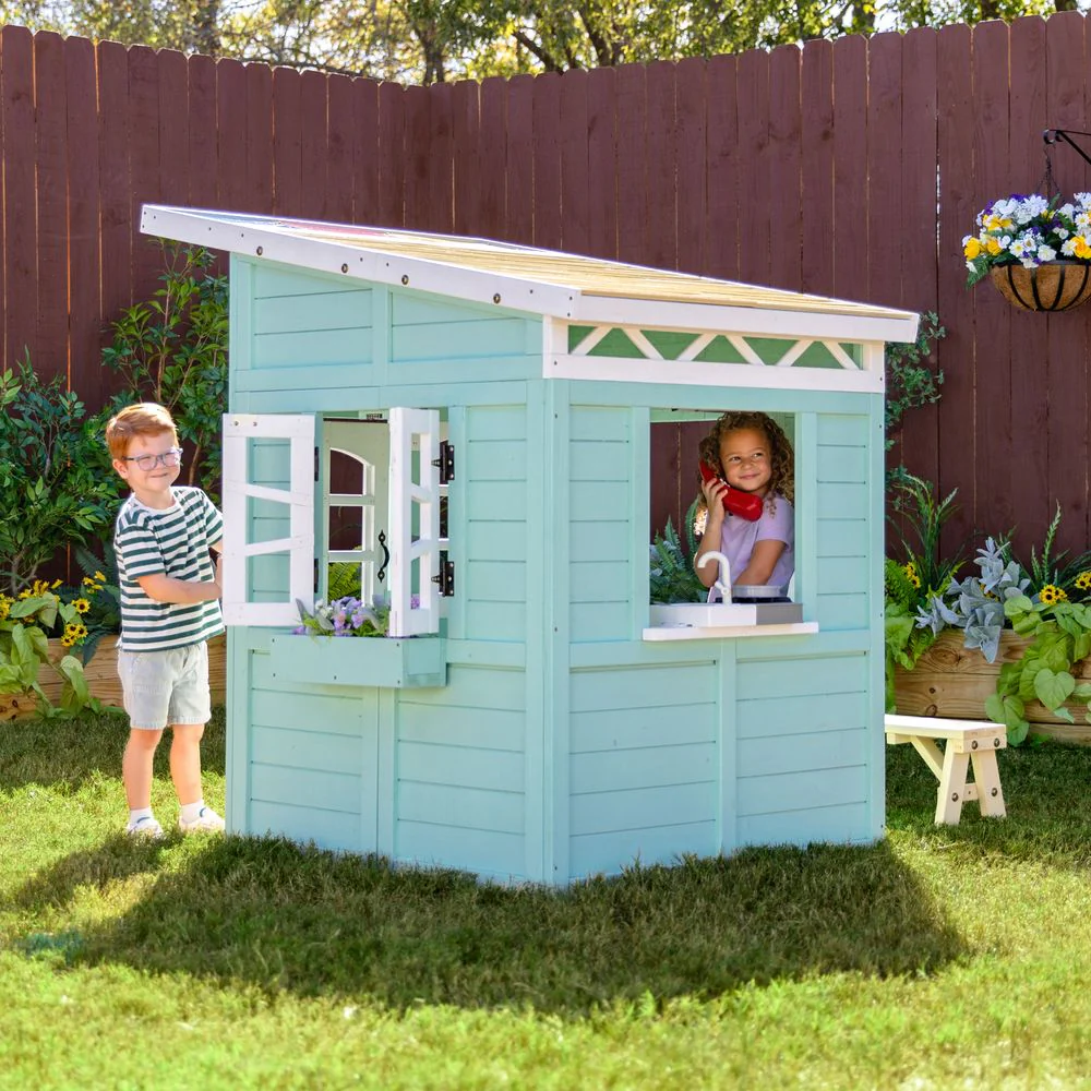 Rainbow Shade Wooden Playhouse with Kitchen, Flower Box & Bench - Blue - Image 3