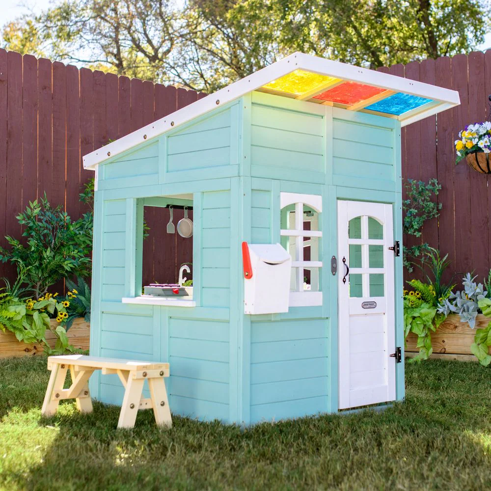 Rainbow Shade Wooden Playhouse with Kitchen, Flower Box & Bench - Blue - Image 4