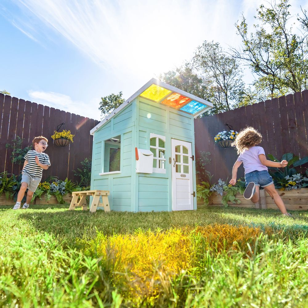Rainbow Shade Wooden Playhouse with Kitchen, Flower Box & Bench - Blue - Image 5