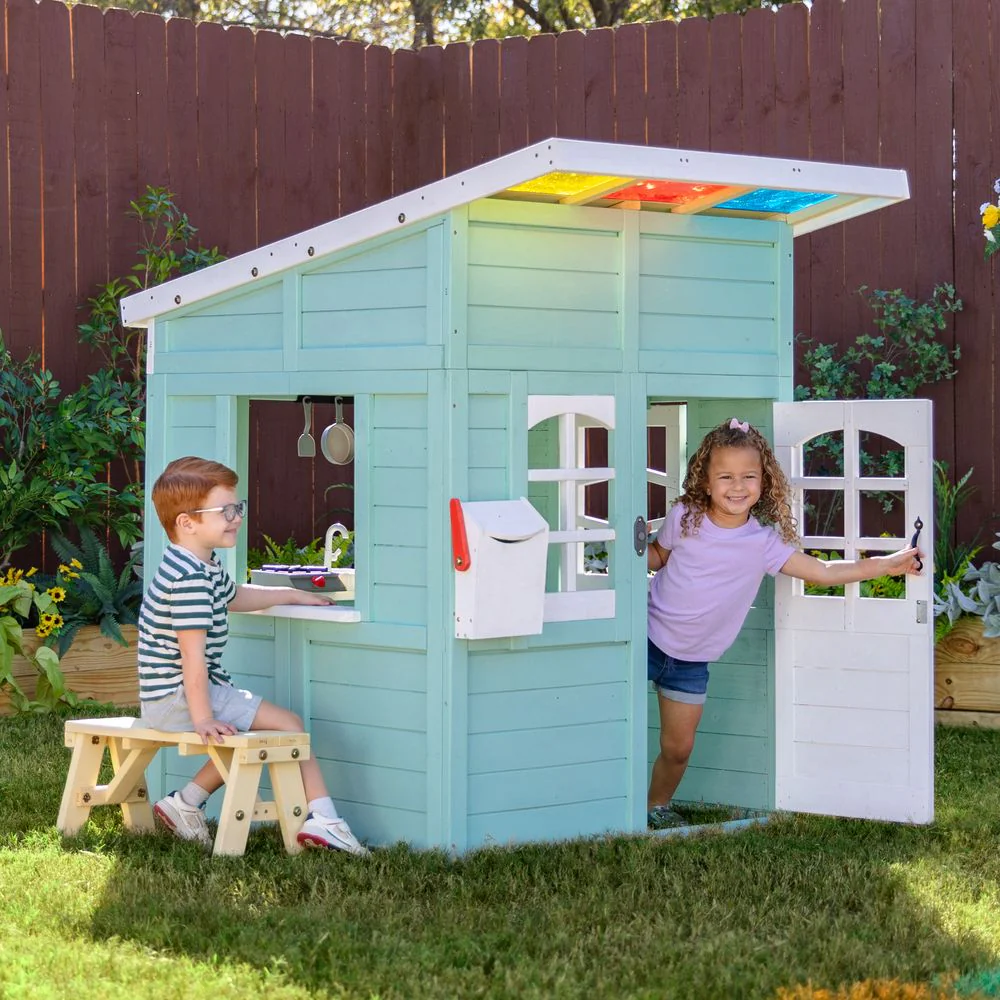 Rainbow Shade Wooden Playhouse with Kitchen, Flower Box & Bench - Blue - Image 7