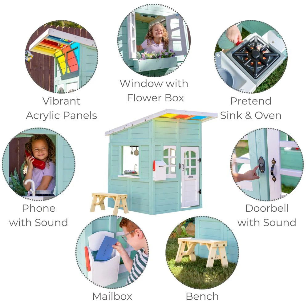 Rainbow Shade Wooden Playhouse with Kitchen, Flower Box & Bench - Blue - Image 9
