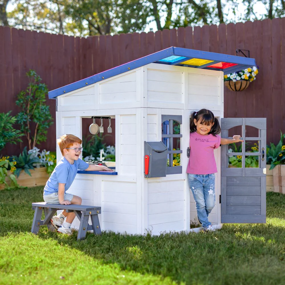 Rainbow Shade Wooden Playhouse with Kitchen, Flower Box & Bench - White - Image 2