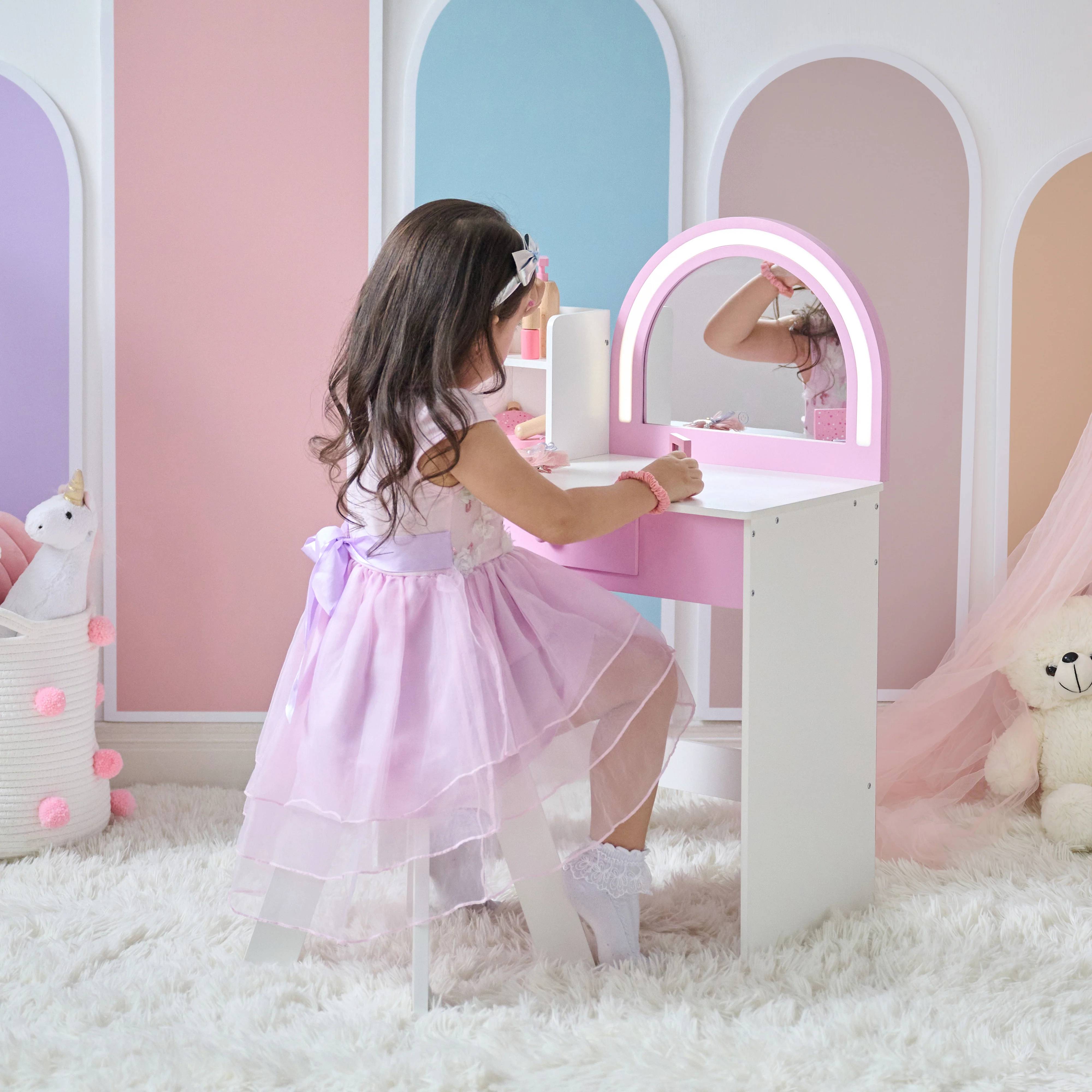 Rosé Shine Wood Vanity & Desk with LED Mirror & Stool - Pink/White - Image 2
