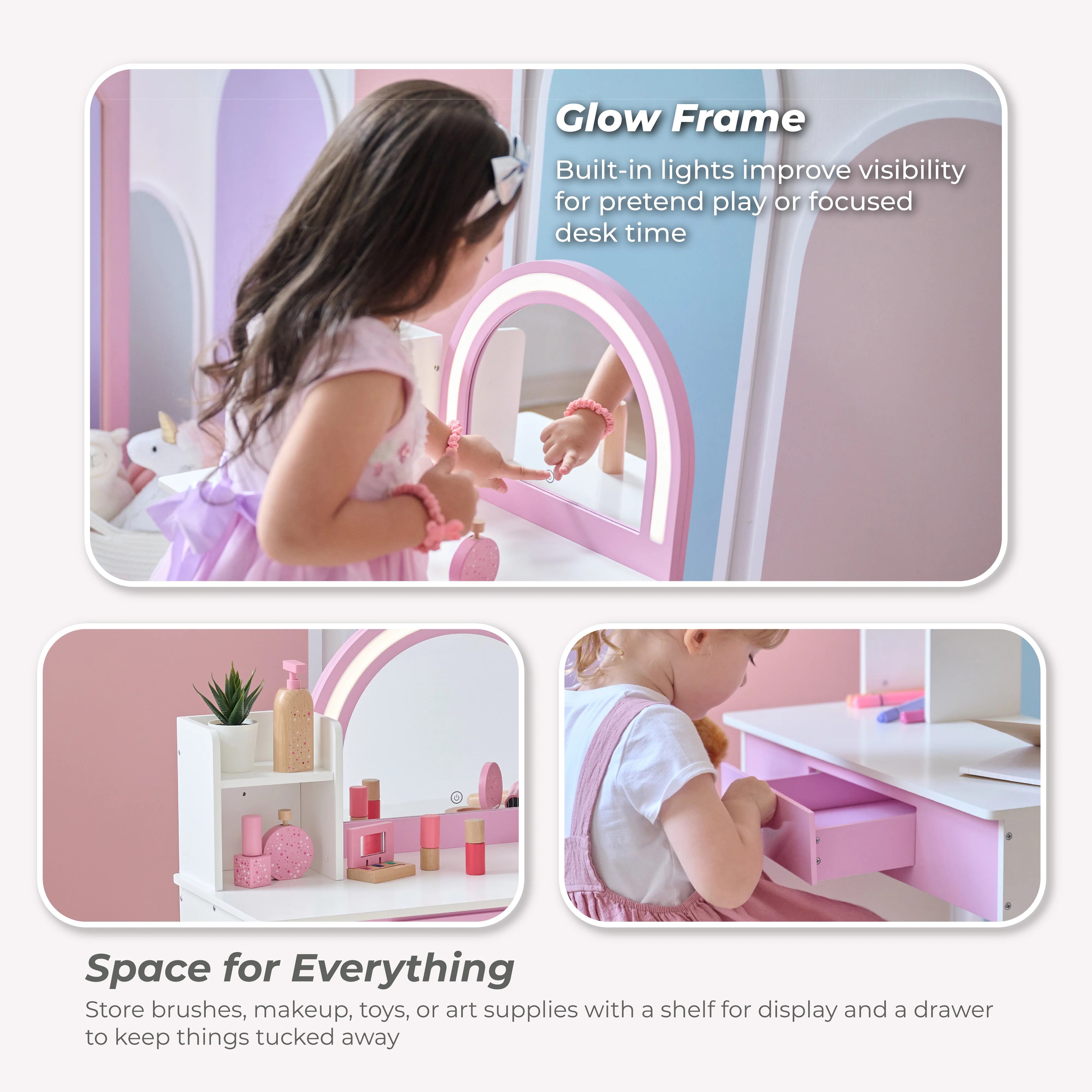 Rosé Shine Wood Vanity & Desk with LED Mirror & Stool - Pink/White - Image 3