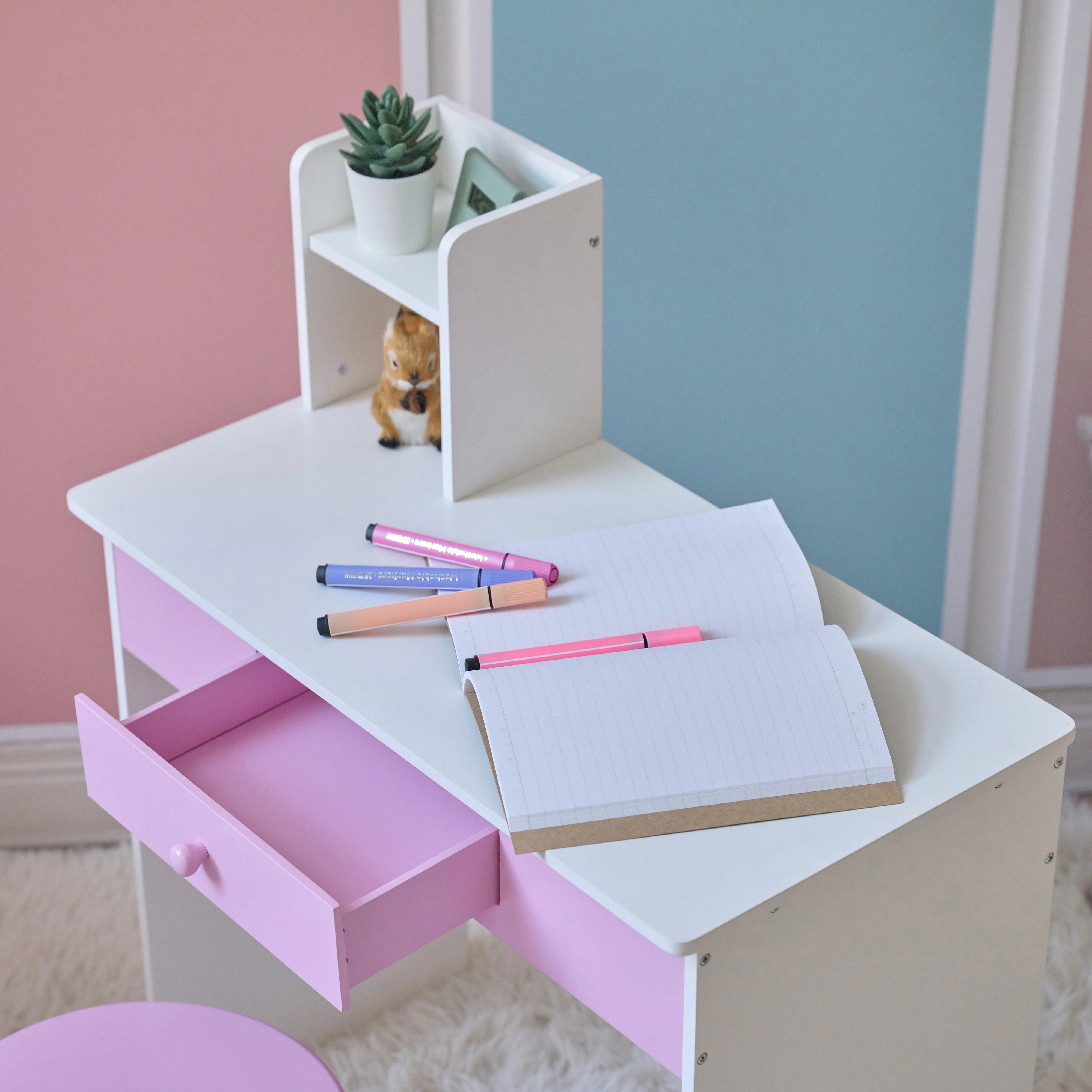 Rosé Shine Wood Vanity & Desk with LED Mirror & Stool - Pink/White - Image 4