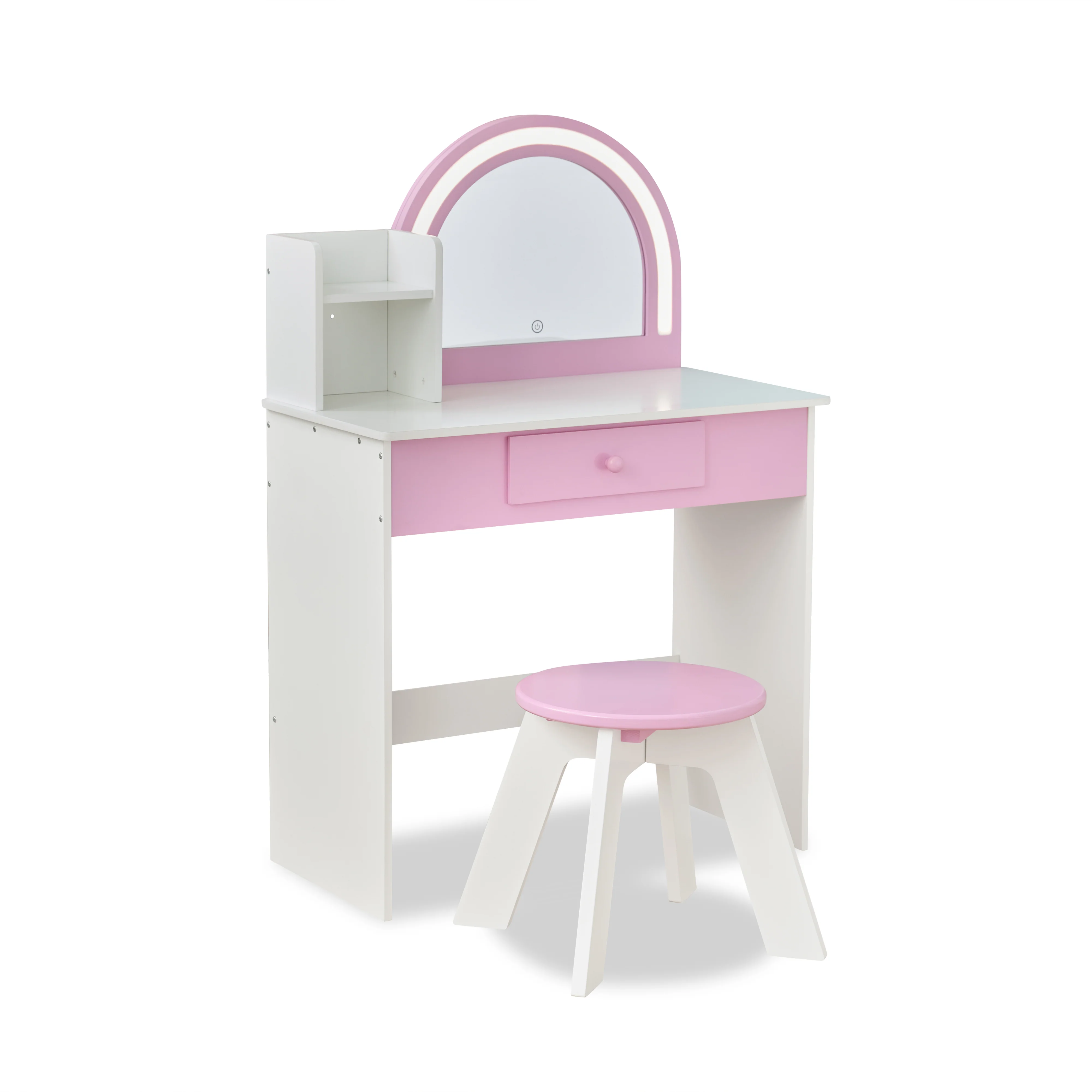 Rosé Shine Wood Vanity & Desk with LED Mirror & Stool - Pink/White - Image 5
