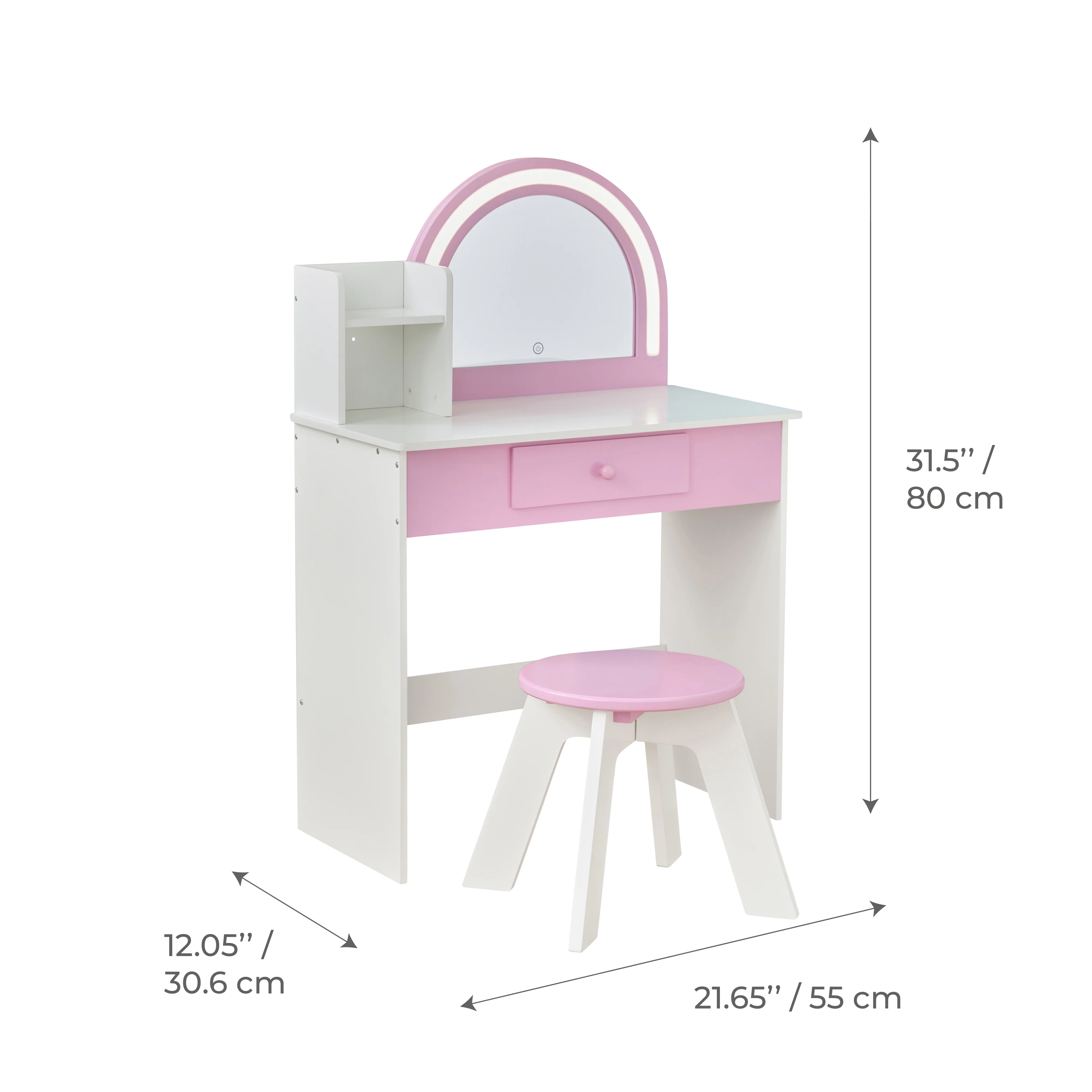 Rosé Shine Wood Vanity & Desk with LED Mirror & Stool - Pink/White - Image 6
