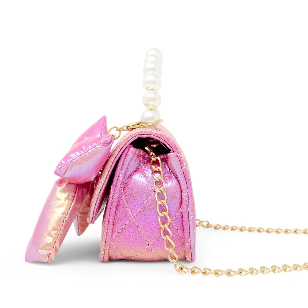 Shiny Quilted Fluffy Bow Handbag - Hot Pink - Image 4