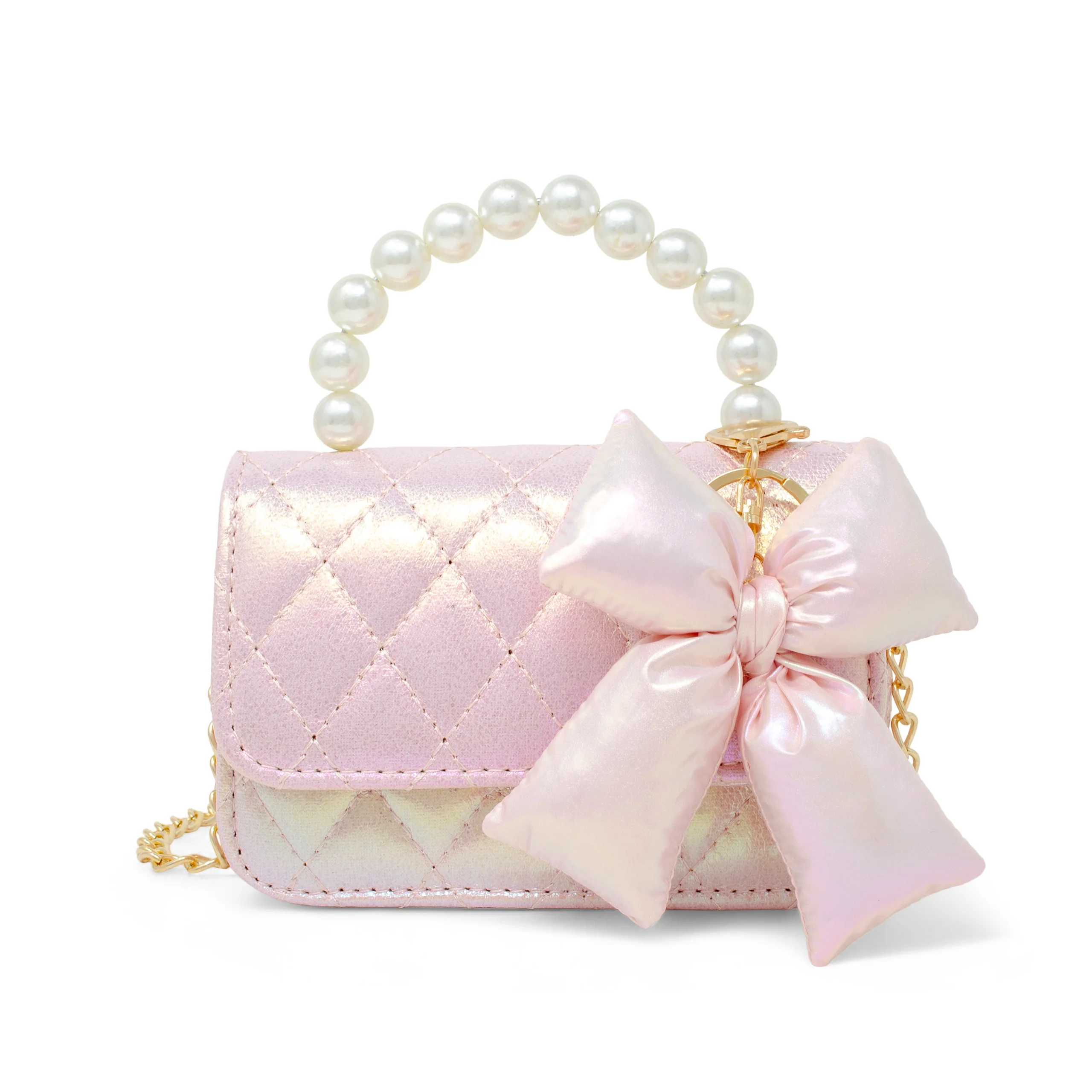 Shiny Quilted Fluffy Bow Handbag - Pink