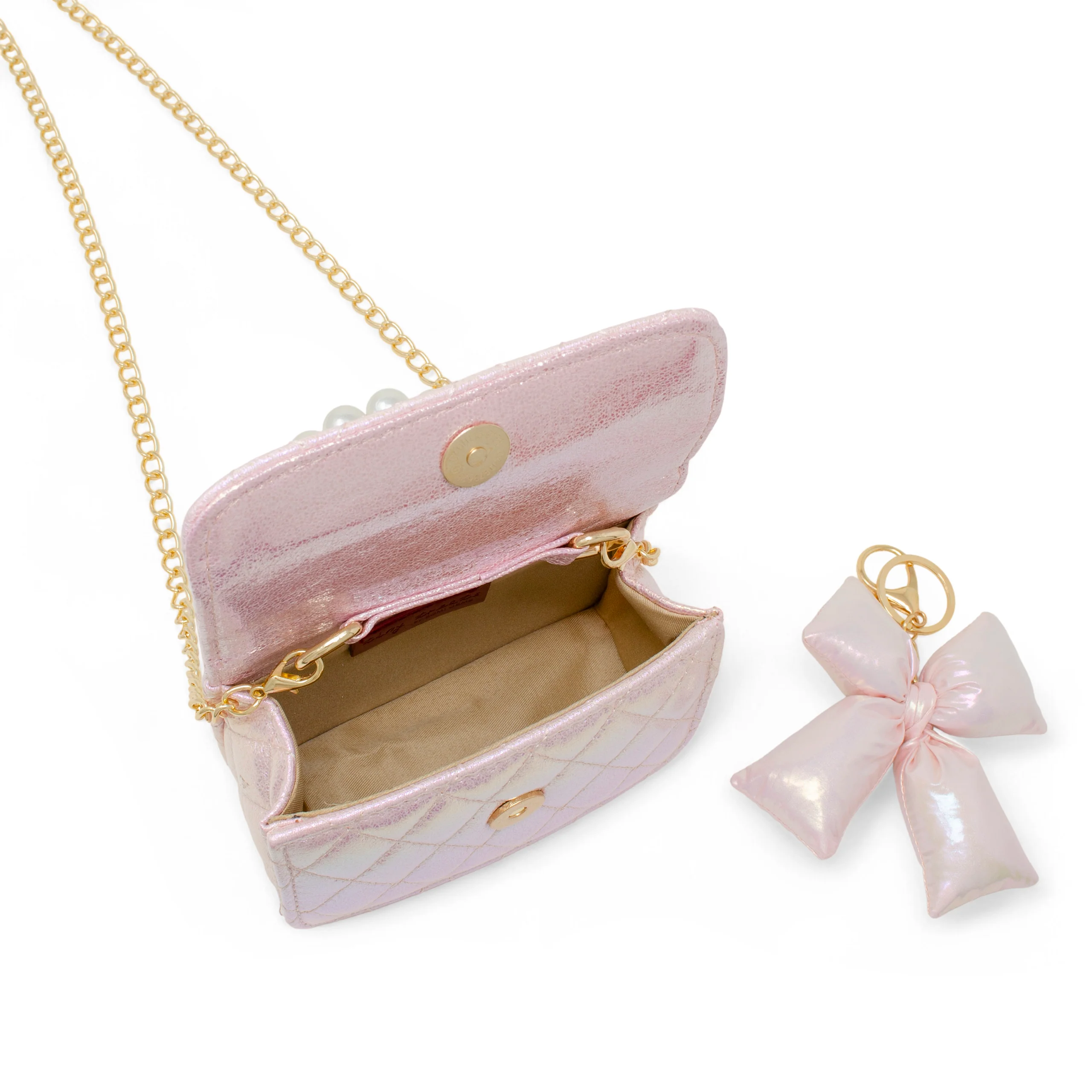 Shiny Quilted Fluffy Bow Handbag - Pink - Image 3