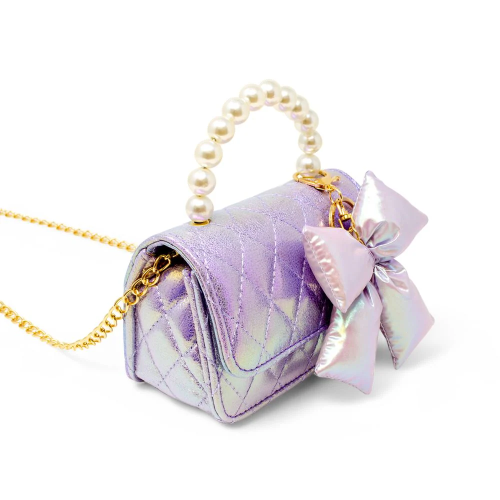Shiny Quilted Fluffy Bow Handbag - Purple - Image 2