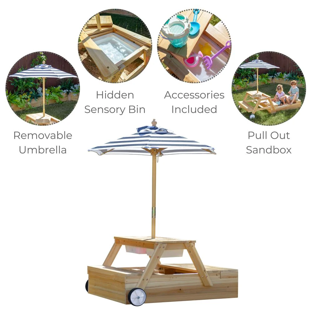 Sorrento Wooden 2-in-1 Picnic Table with Sandbox & Umbrella - Image 3