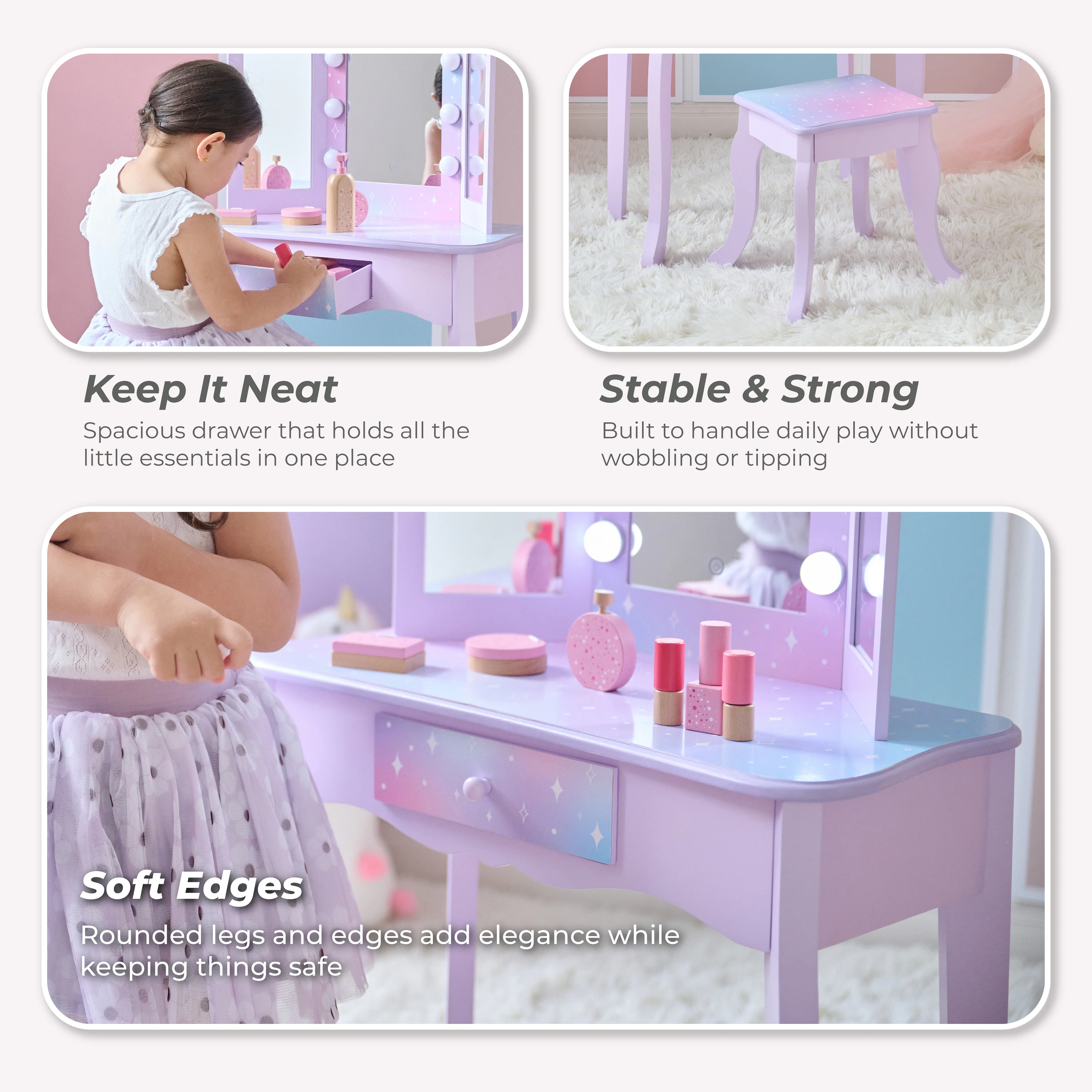 Stardust Gisele Wood Vanity Table with LED Mirror & Drawer - Purple - Image 6